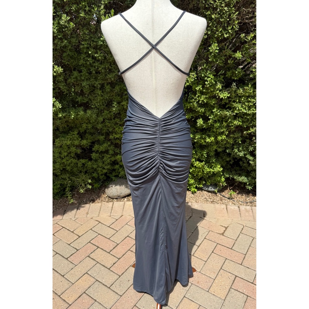 BABYBOO Zelda Backless Ruched Cross Strap Maxi Dress Charcoal Grey Size XS